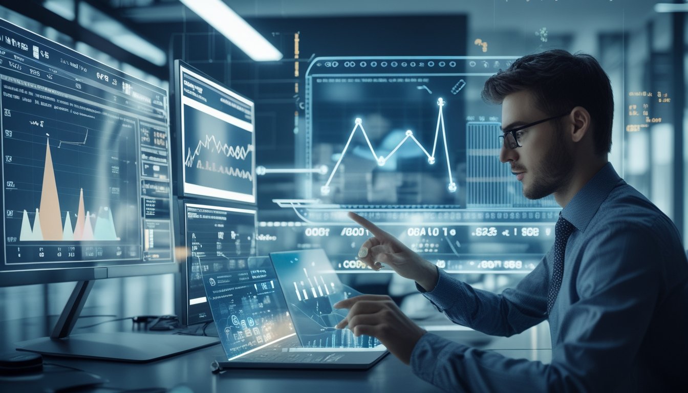 Seorang analis data sedang bekerja dengan layar digital yang menampilkan grafik dan angka prediksi togel secara online.