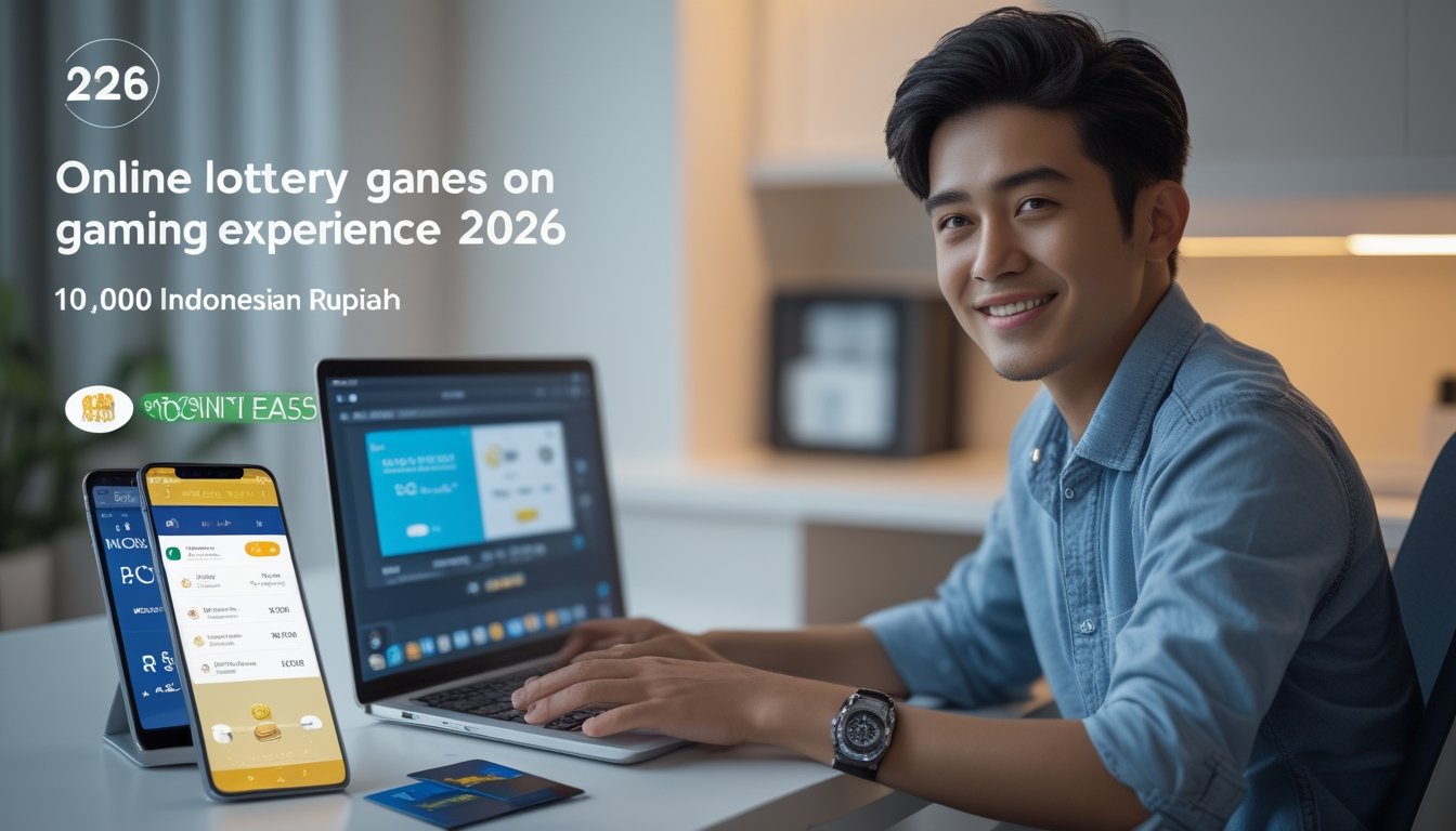 Seorang dewasa muda menggunakan laptop dan ponsel di meja dengan suasana kantor rumah yang nyaman, menunjukkan transaksi digital untuk bermain togel online.