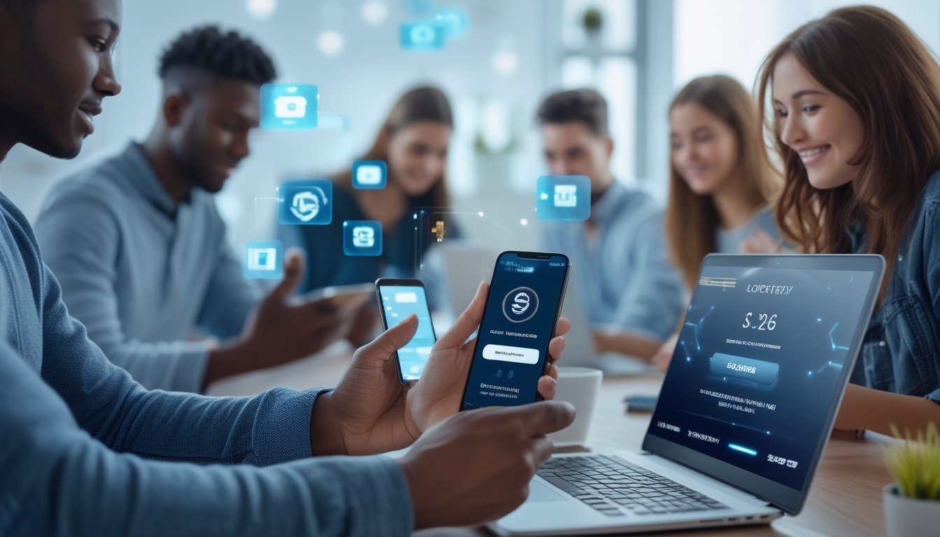 Sekelompok orang muda menggunakan ponsel dan laptop untuk melakukan deposit e-wallet dengan mudah di lingkungan digital modern.