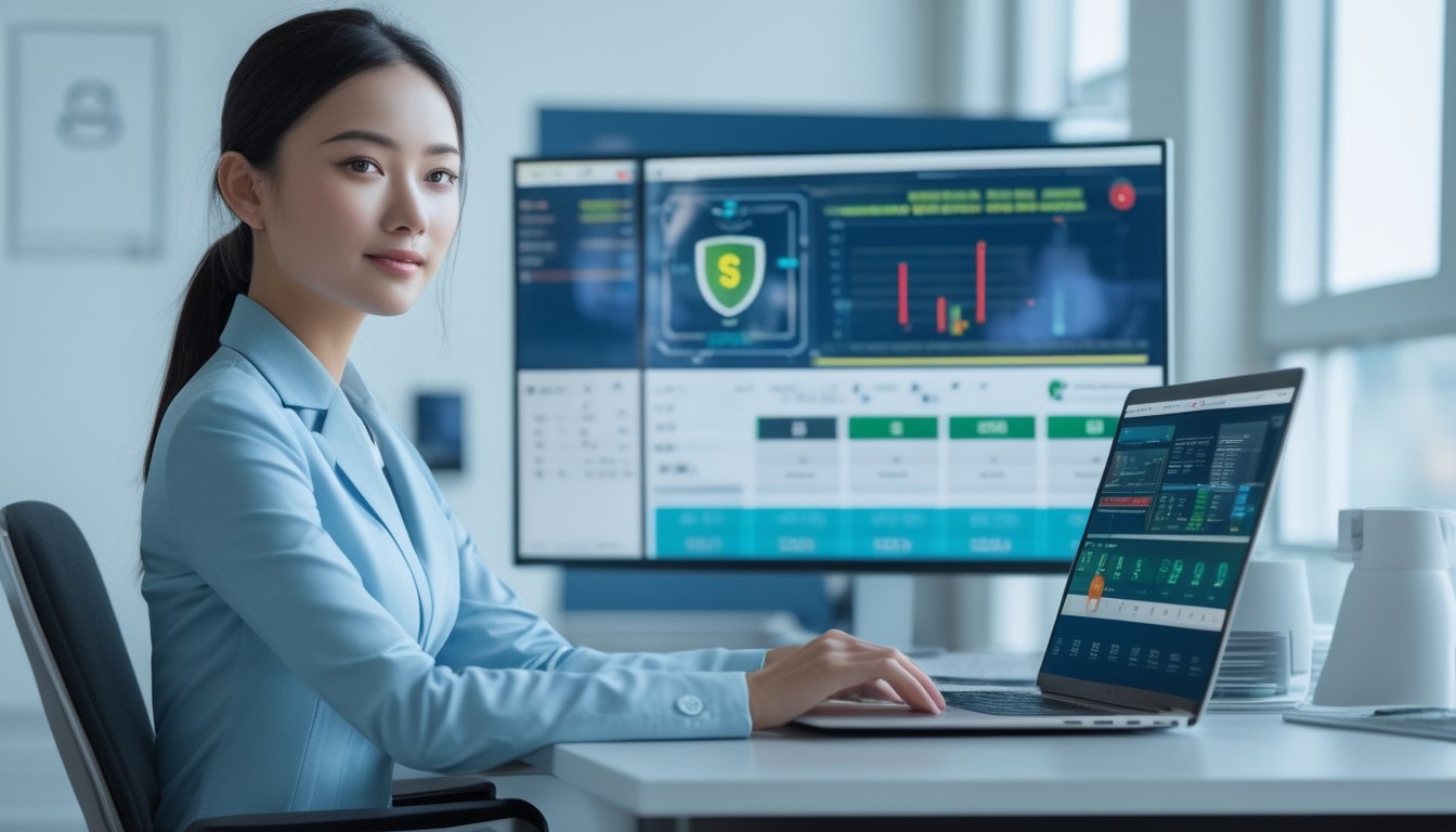 Seorang wanita muda duduk di meja kerja menggunakan laptop dengan layar yang menampilkan grafik dan ikon keamanan, menunjukkan aktivitas memilih situs togel online terpercaya.