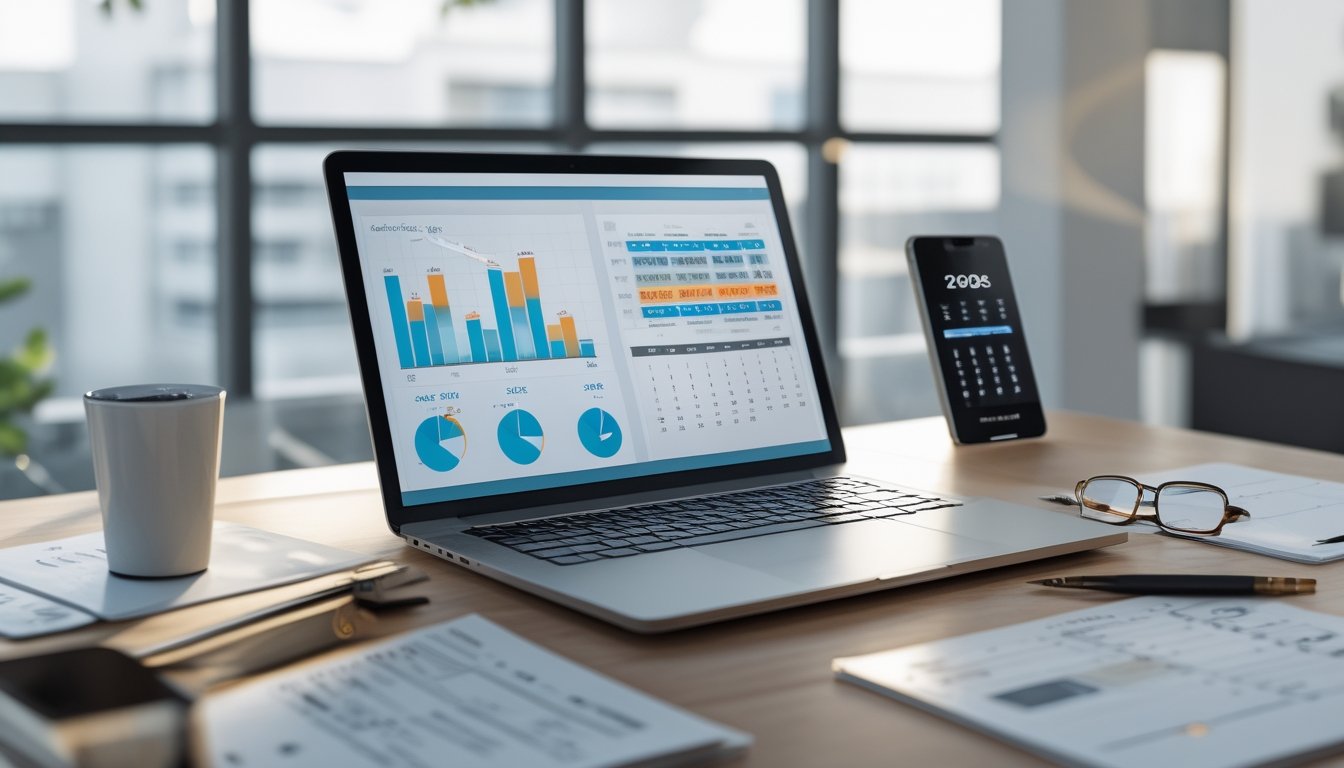 Meja kantor dengan laptop, kalender tahun 2026, dan dokumen yang tertata rapi.