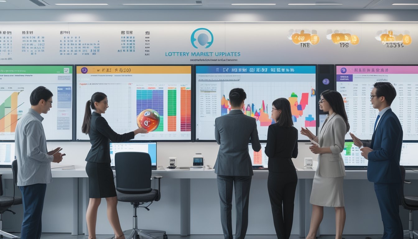 Orang-orang di kantor modern sedang menganalisis data jadwal pengeluaran pasaran togel Hong Kong dan Singapura tahun 2026 dengan layar komputer dan grafik.