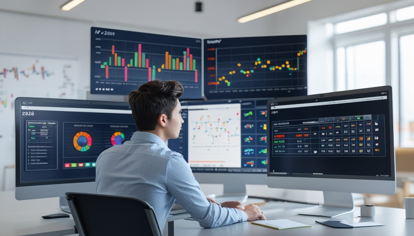 Seorang pria sedang menganalisis data tren togel online di depan beberapa layar komputer di ruang kantor yang terang dan rapi.