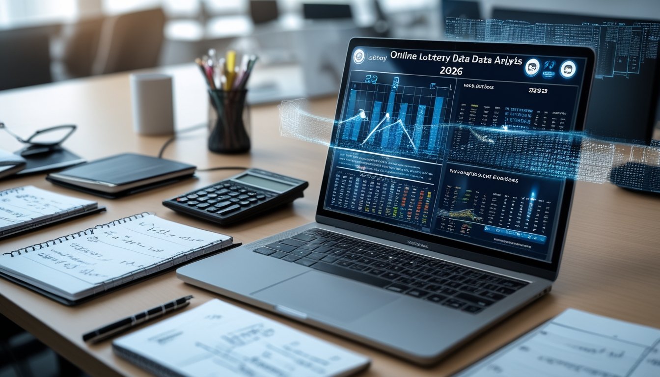 Seorang profesional sedang bekerja di meja dengan laptop yang menampilkan grafik data dan alat analisis di sekitar, fokus pada tren hasil togel online terbaru.