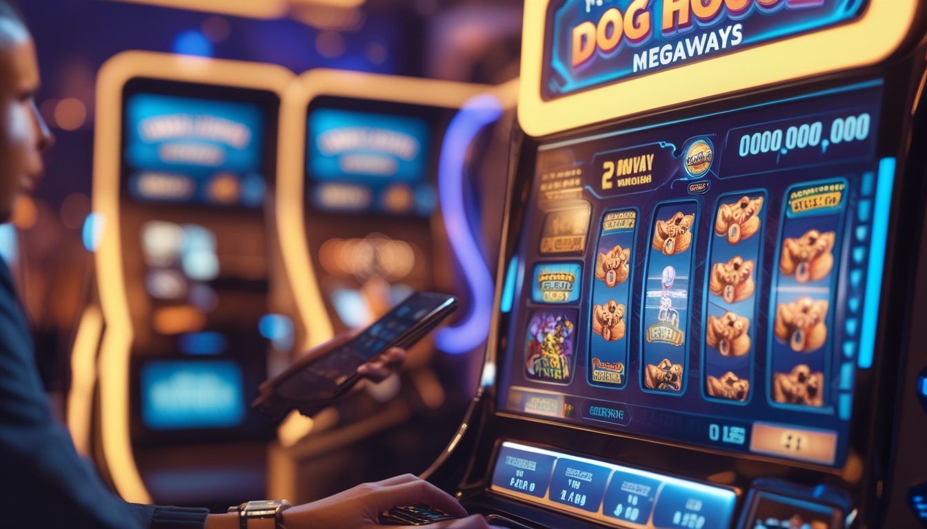 Seorang pemain sedang bermain mesin slot bertema rumah anjing dengan simbol warna-warni dan tumpukan chip di meja kasino.