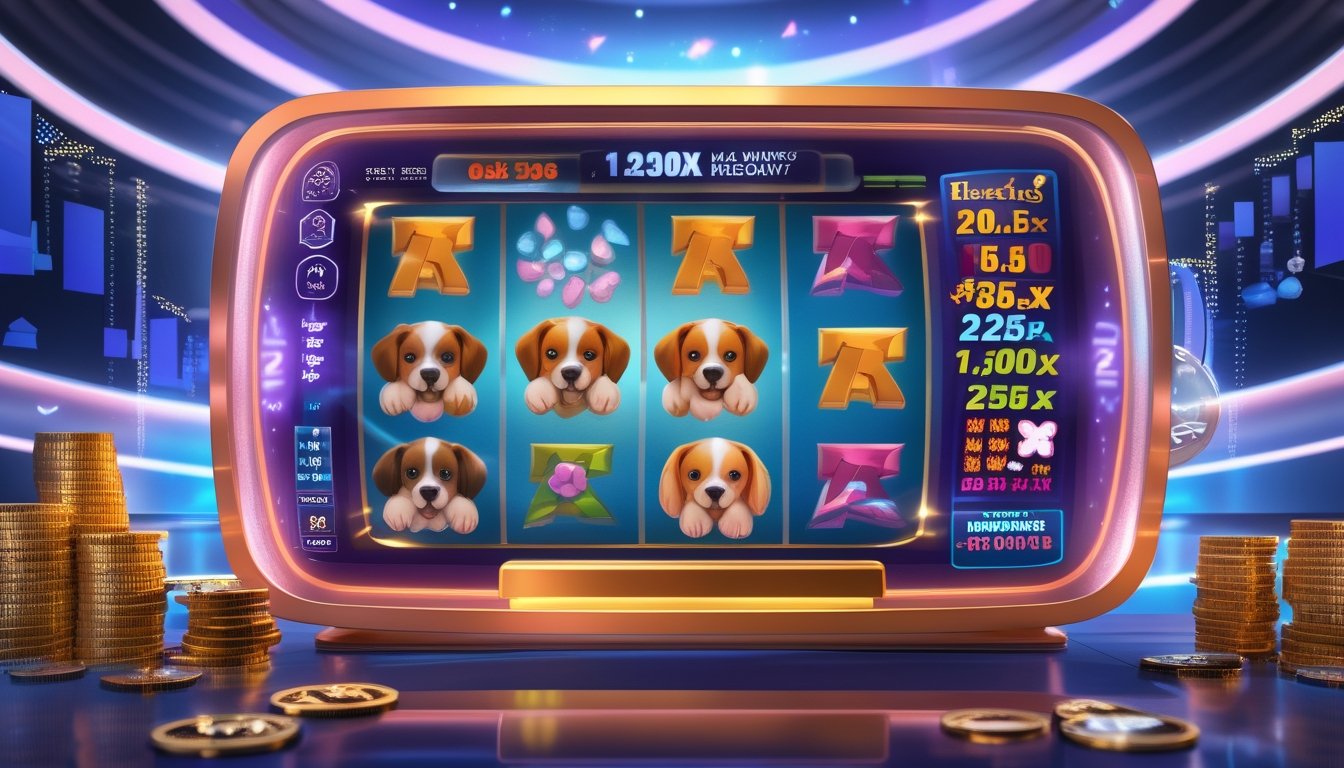 Mesin slot digital dengan simbol anjing dan koin yang menunjukkan suasana permainan dan kemenangan.
