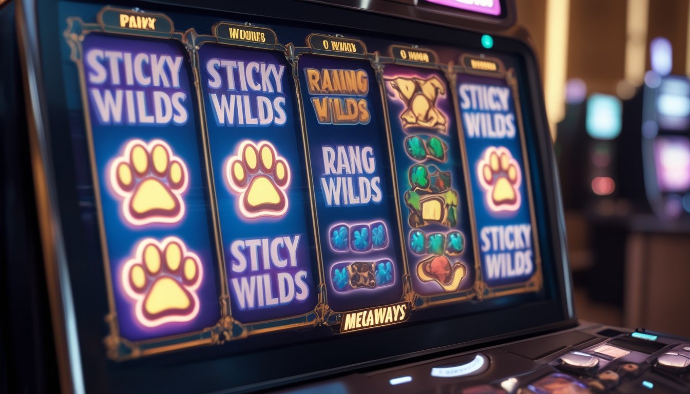 Layar mesin slot dengan fitur Sticky Wilds yang menampilkan jejak kaki anjing tetap di gulungan sebelah kiri dan fitur Raining Wilds dengan simbol tulang anjing yang jatuh di gulungan sebelah kanan dalam suasana kasino modern.