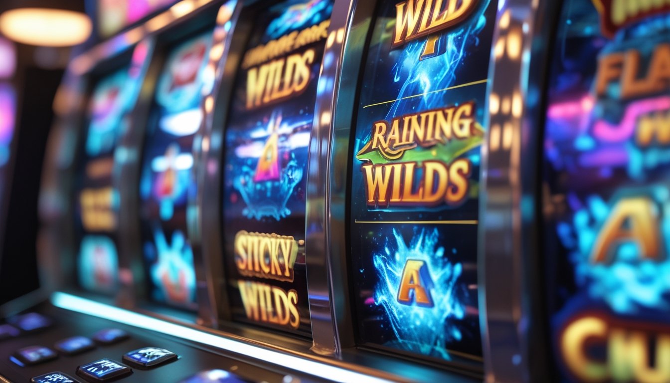 Layar mesin slot kasino menampilkan simbol wild yang menempel dan simbol wild yang turun dengan efek cahaya berwarna-warni.