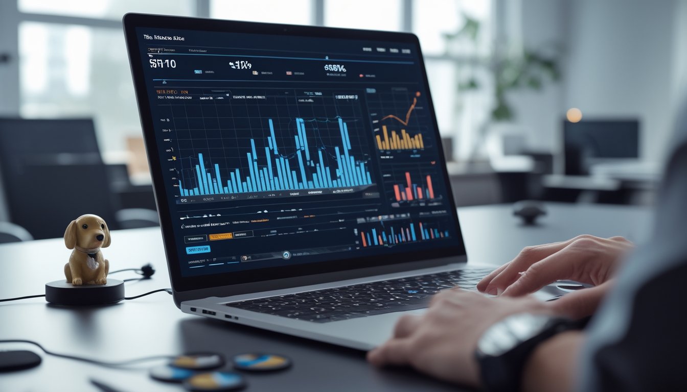 Sebuah ruang kerja modern dengan laptop yang menampilkan grafik keuangan dan beberapa figur anjing serta token permainan di atas meja.