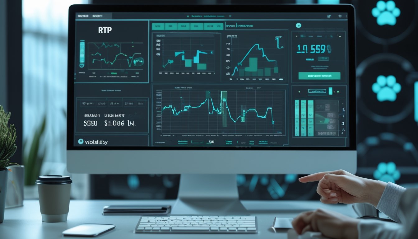 Sebuah ruang kerja digital modern dengan layar komputer menampilkan grafik dan data analisis permainan slot online The Dog House Megaways.
