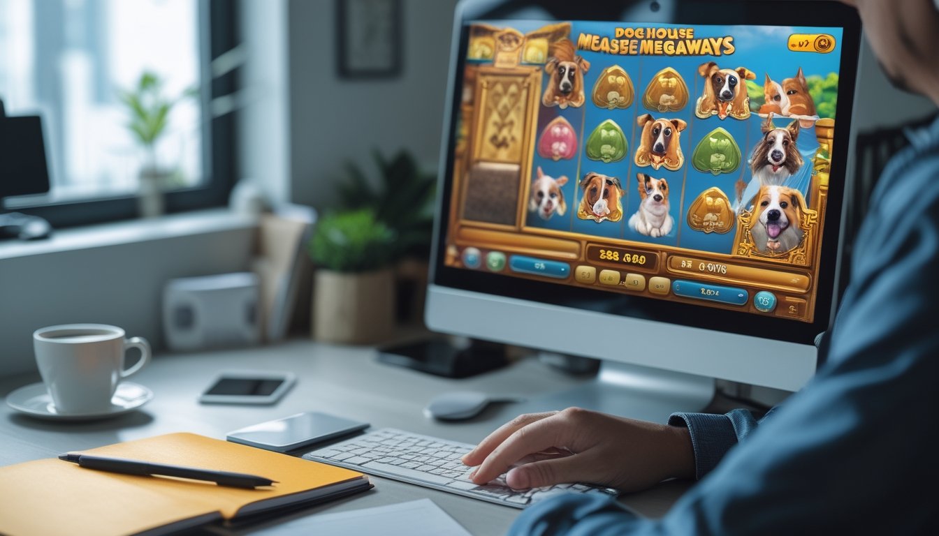 Seorang pemain fokus mengelola modal saat bermain game slot bertema anjing di depan komputer dengan meja rapi dan alat tulis di sekitar.