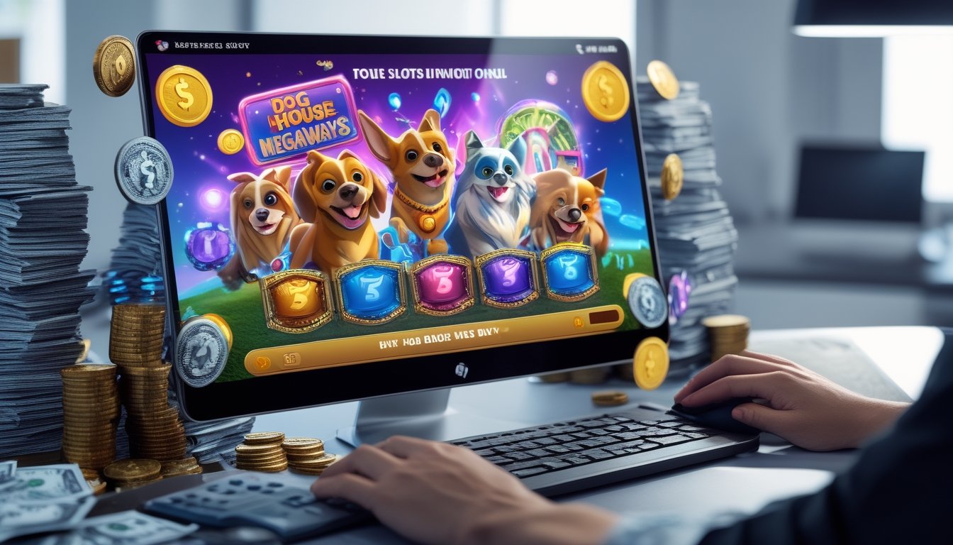 Seorang pemain sedang bermain slot online The Dog House Megaways dengan layar komputer yang menampilkan permainan dan tumpukan uang serta chip di meja.