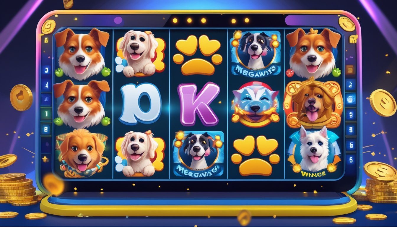 Tampilan layar mesin slot digital dengan simbol anjing dan elemen kemenangan di latar belakang modern.