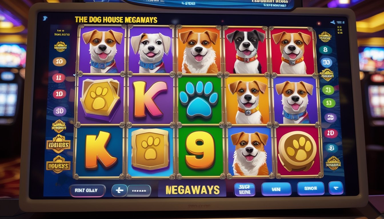 Layar mesin slot dengan simbol anjing dan rumah anjing yang berwarna-warni di latar kasino.