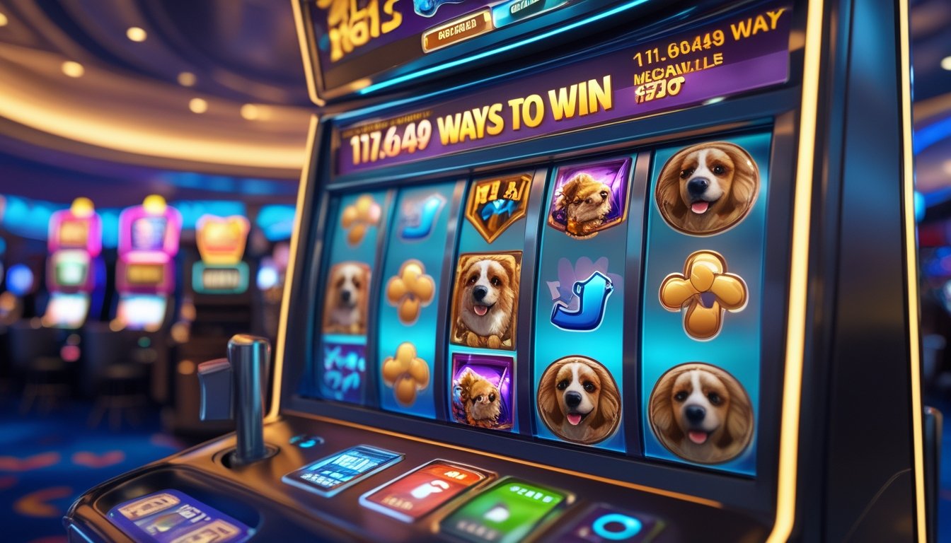 Mesin slot modern dengan simbol anjing dan tulang, menampilkan banyak kombinasi kemenangan di latar kasino.