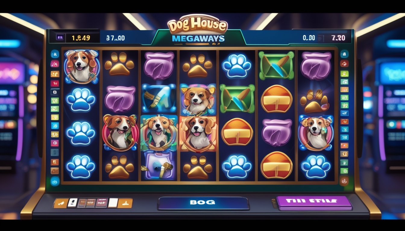 Tampilan mesin slot bertema anjing dengan banyak simbol dan latar belakang modern yang menampilkan berbagai cara menang.