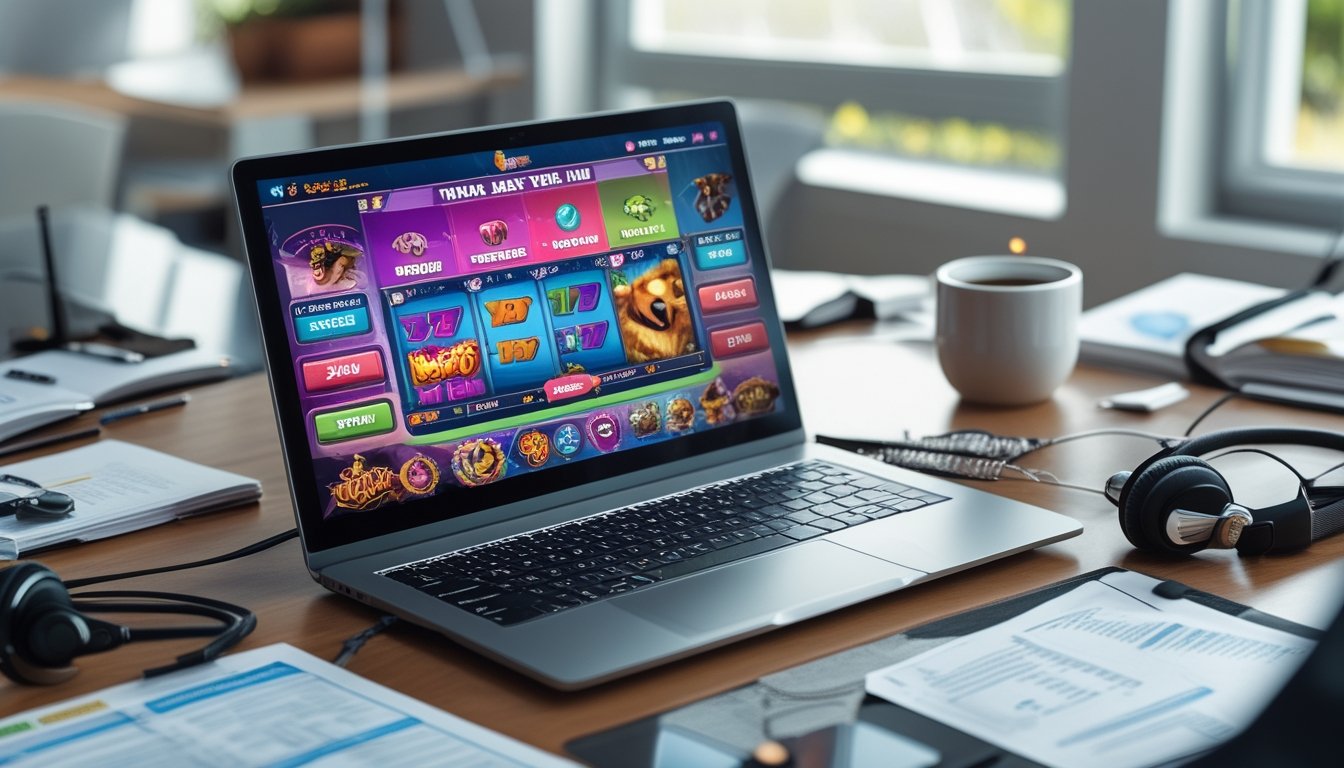 Seorang pemain sedang menggunakan laptop dengan tampilan permainan slot The Dog House Megaways di meja kerja yang rapi dan terang.