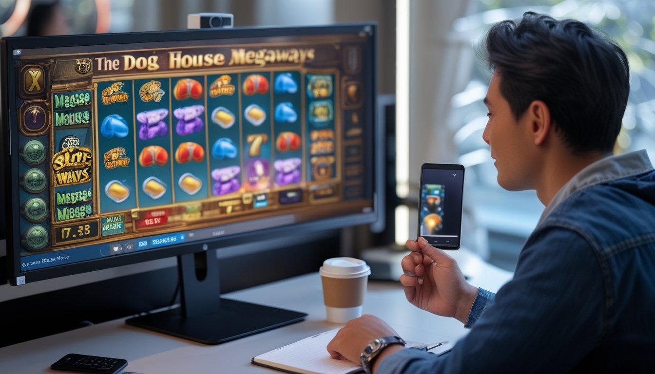 Seorang pemain duduk di depan komputer dengan layar menampilkan permainan slot The Dog House Megaways, fokus belajar dan mencatat trik bermain.
