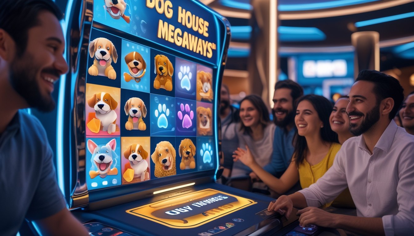 Orang-orang sedang bermain mesin slot bertema anjing di kasino yang modern dan cerah.