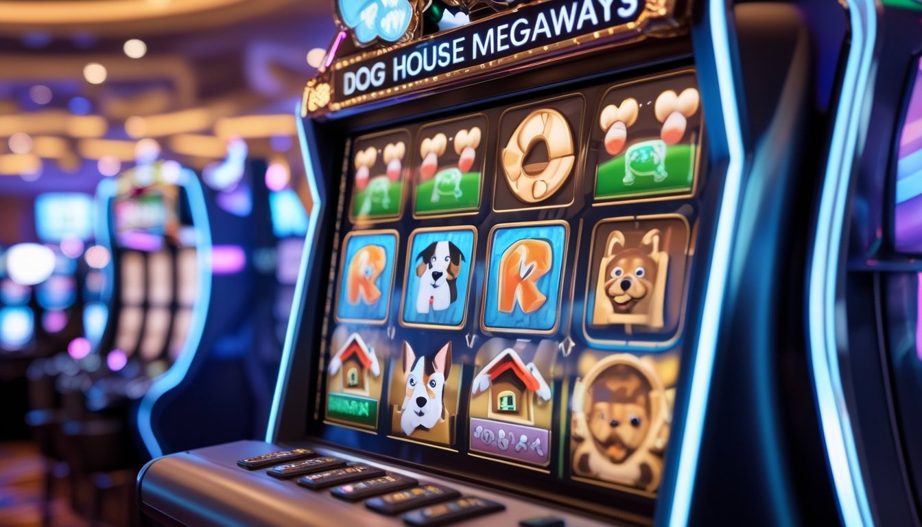 Mesin slot bertema anjing dengan ikon-ikon anjing dan rumah di latar kasino yang terang dan ramai.