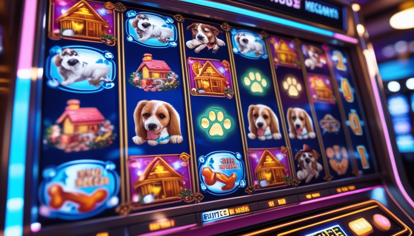 Tampilan dekat mesin slot dengan simbol-simbol anjing berwarna-warni dan ikon-ikon terkait di latar kasino yang cerah.