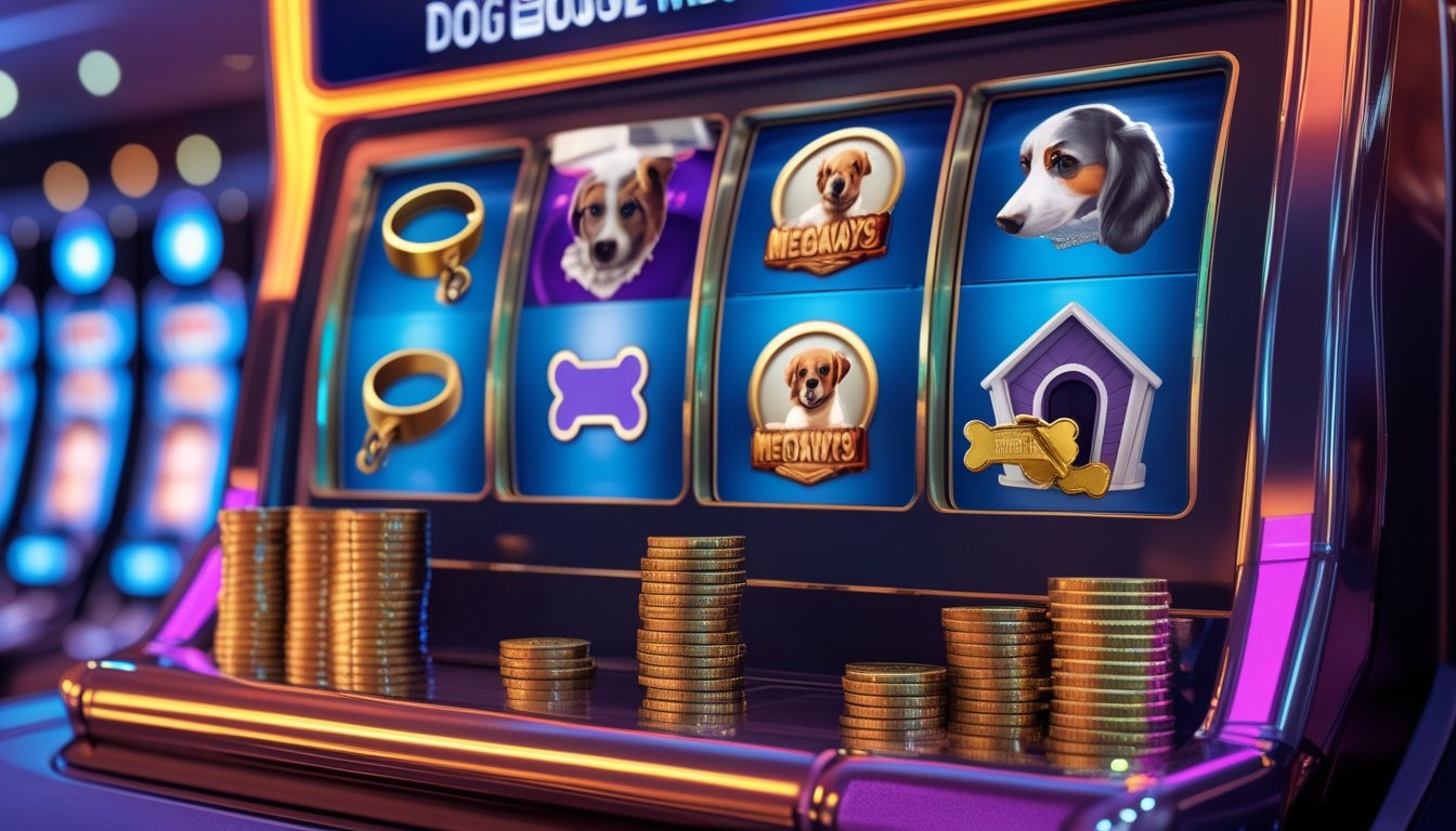 Tampilan mesin slot dengan simbol anjing dan tumpukan koin yang menunjukkan kemenangan besar.