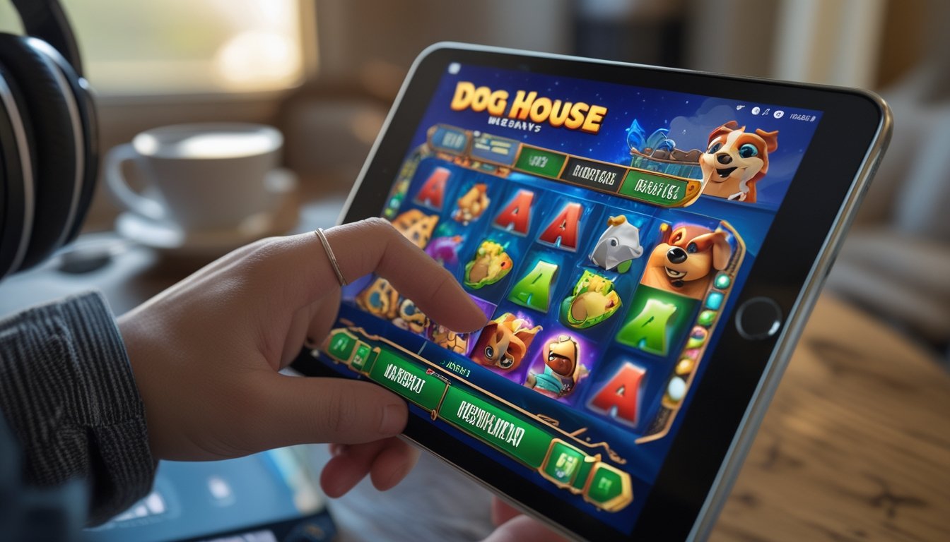 Seseorang sedang bermain permainan slot The Dog House Megaways di ponsel di dalam ruangan yang nyaman.