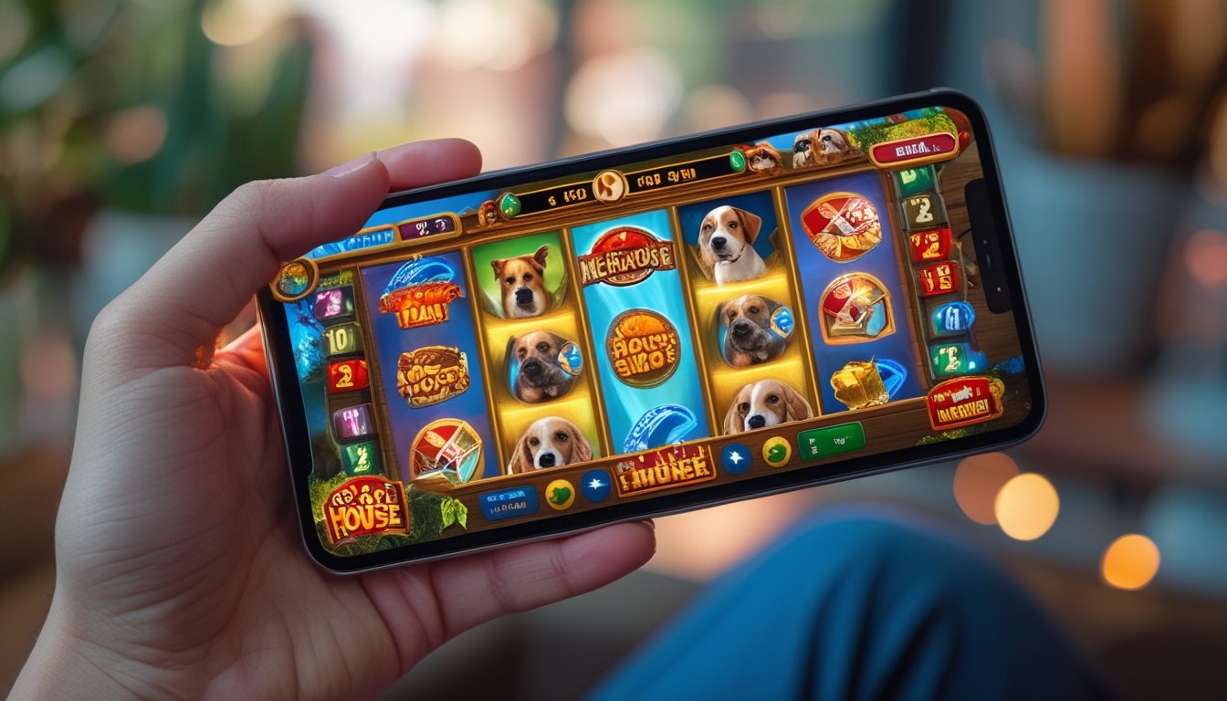 Seseorang memegang ponsel yang menampilkan permainan slot The Dog House Megaways dengan simbol anjing di layar.