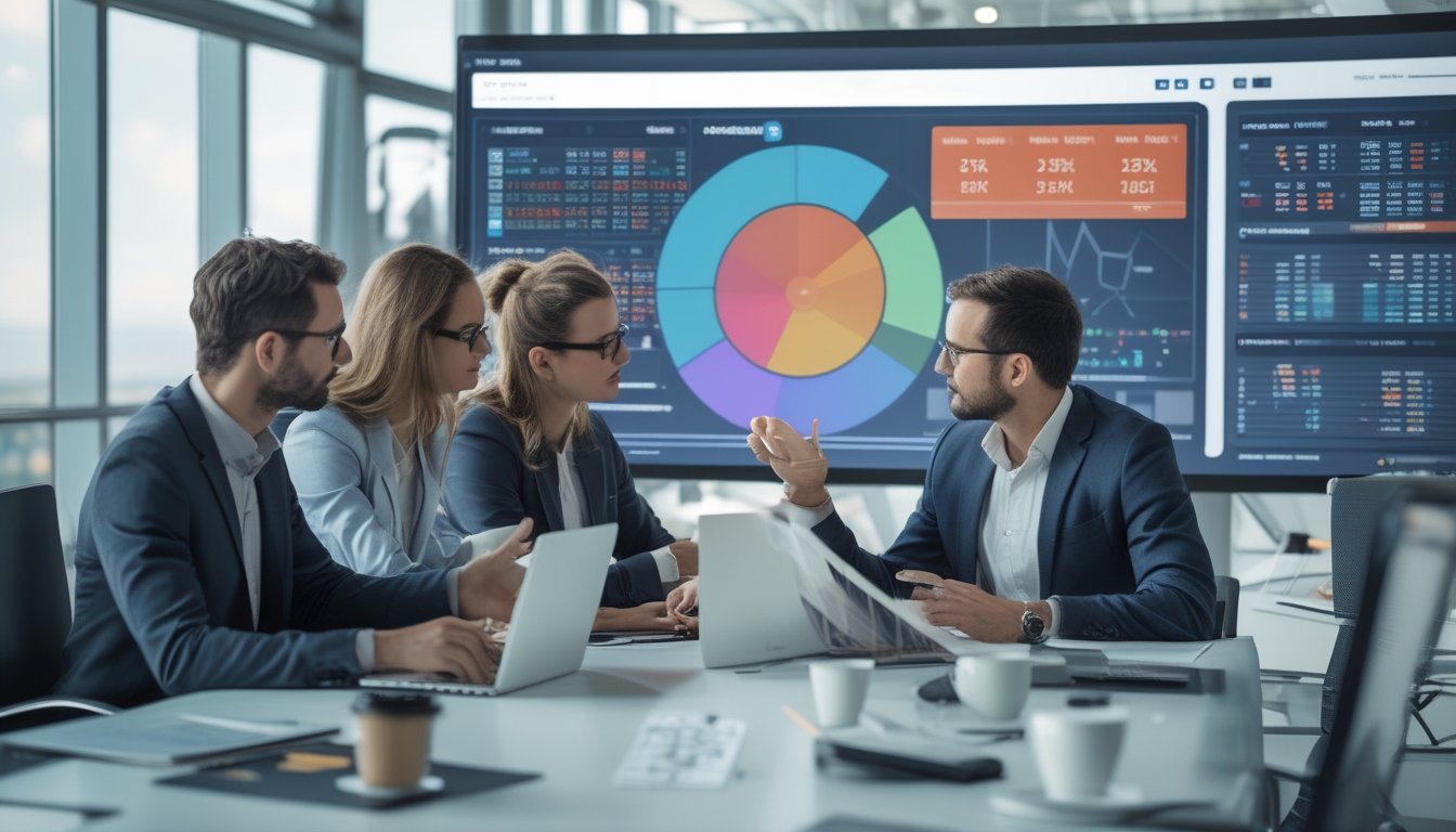 Sekelompok profesional sedang berdiskusi di kantor modern dengan layar digital besar yang menampilkan grafik dan data prediksi.