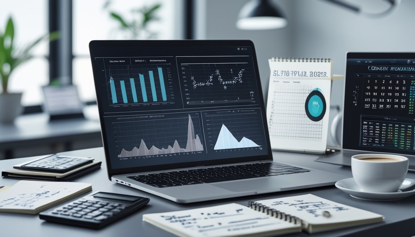 Meja kerja dengan laptop yang menampilkan grafik dan kalender terbuka pada hari Sabtu, 10 Juli 2026, dikelilingi alat analisis seperti kalkulator dan buku catatan.