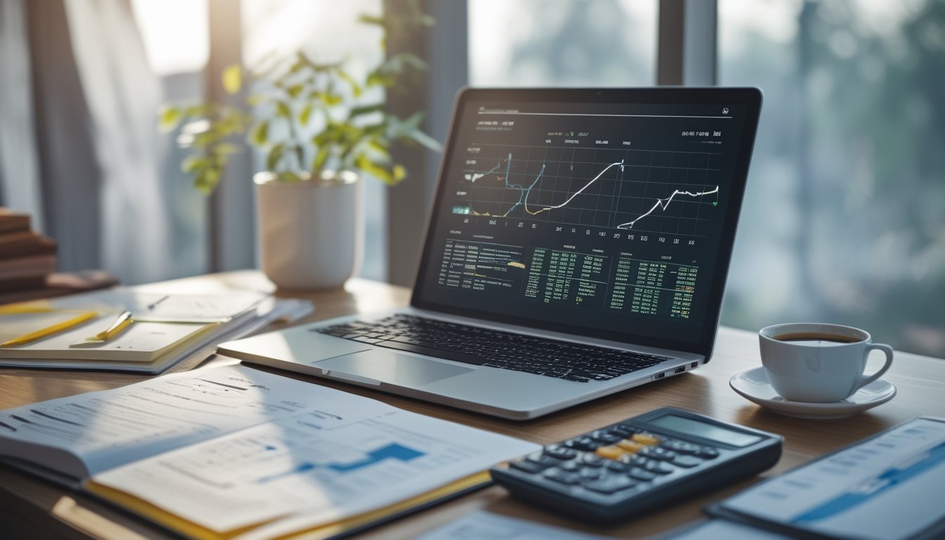 Meja kerja modern dengan laptop yang menampilkan grafik dan angka, dokumen tertata rapi, kalkulator, dan secangkir kopi di dekat jendela yang menerangi ruangan.