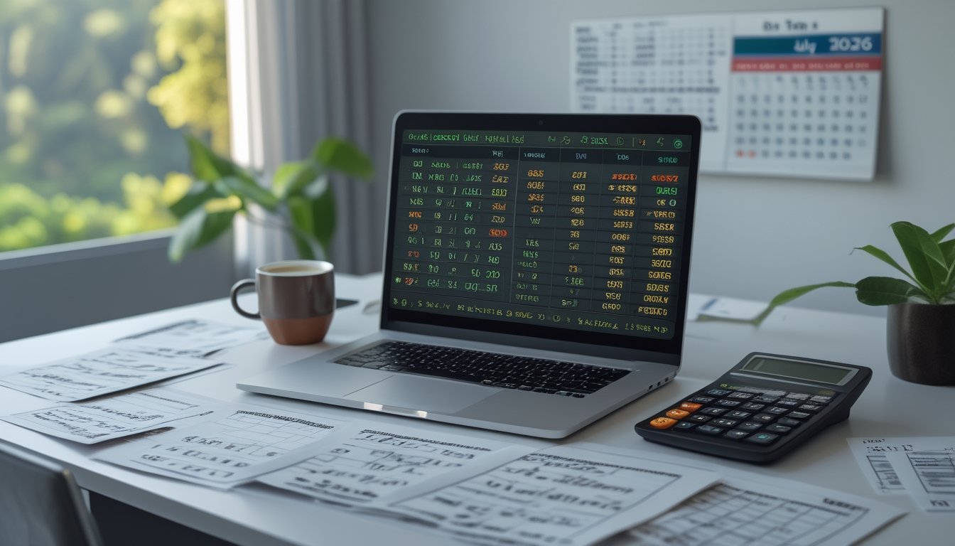 Meja kerja dengan laptop, kalkulator, dan kertas berisi perhitungan angka togel, dengan kalender Juli 2026 di latar belakang.