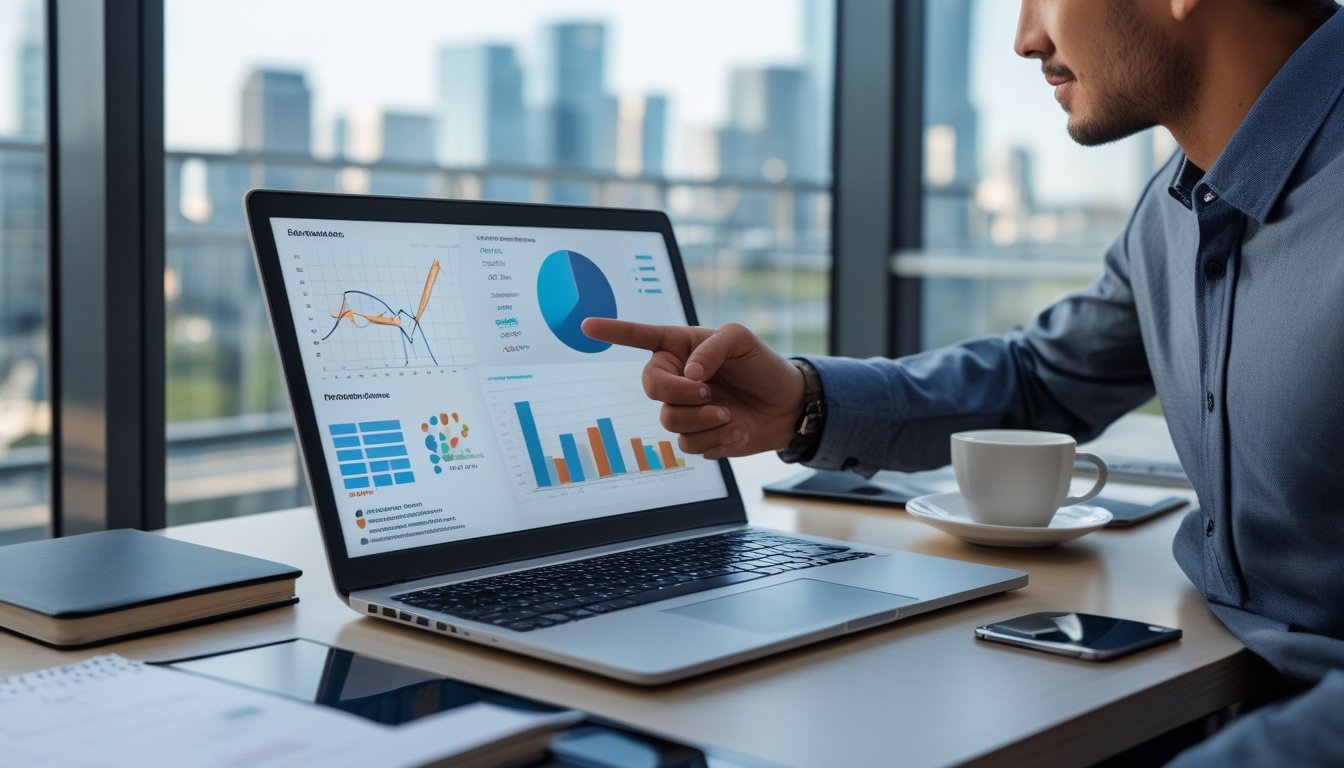 Seseorang sedang bekerja dengan laptop yang menampilkan grafik dan angka di sebuah kantor modern dengan cahaya alami.