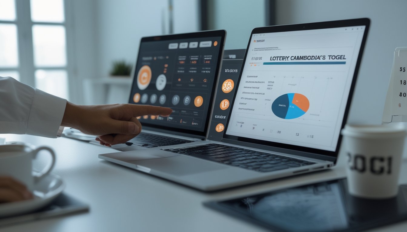 Meja kerja dengan perangkat digital menampilkan grafik dan data togel Cambodia, tangan seseorang menunjuk layar, di ruang kantor yang terang dan rapi.