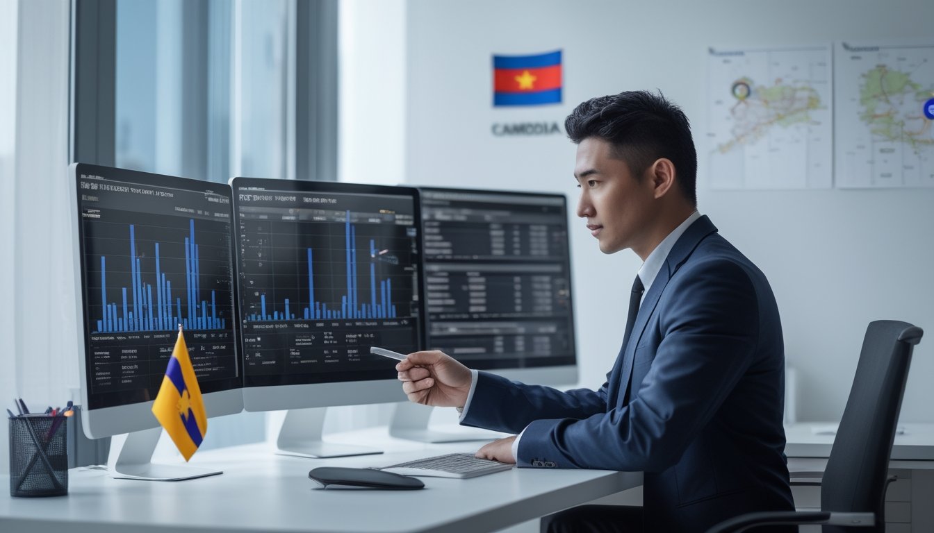 Seorang profesional sedang menganalisis data di depan beberapa layar komputer dengan grafik dan angka di sebuah kantor modern.