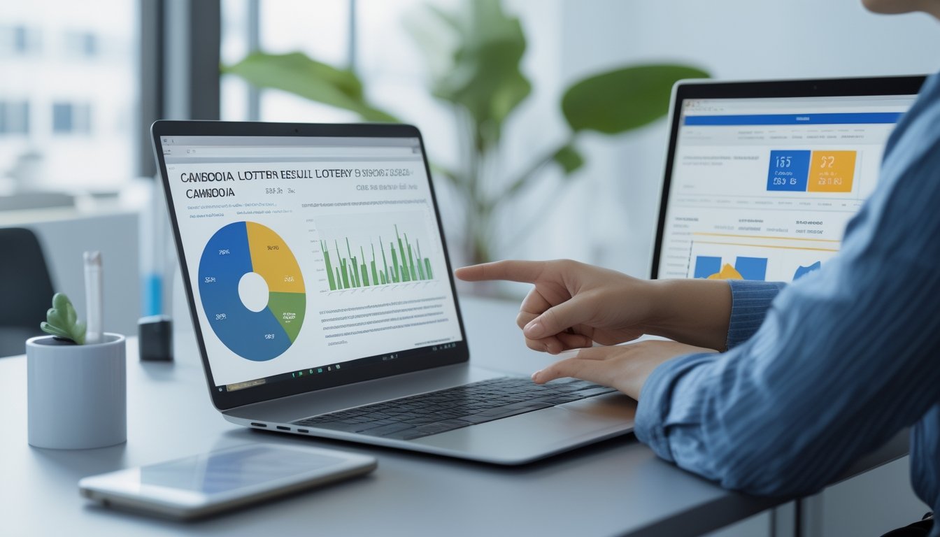Meja kerja modern dengan perangkat digital menampilkan grafik dan data, seseorang sedang menganalisis hasil dan prediksi togel Cambodia.