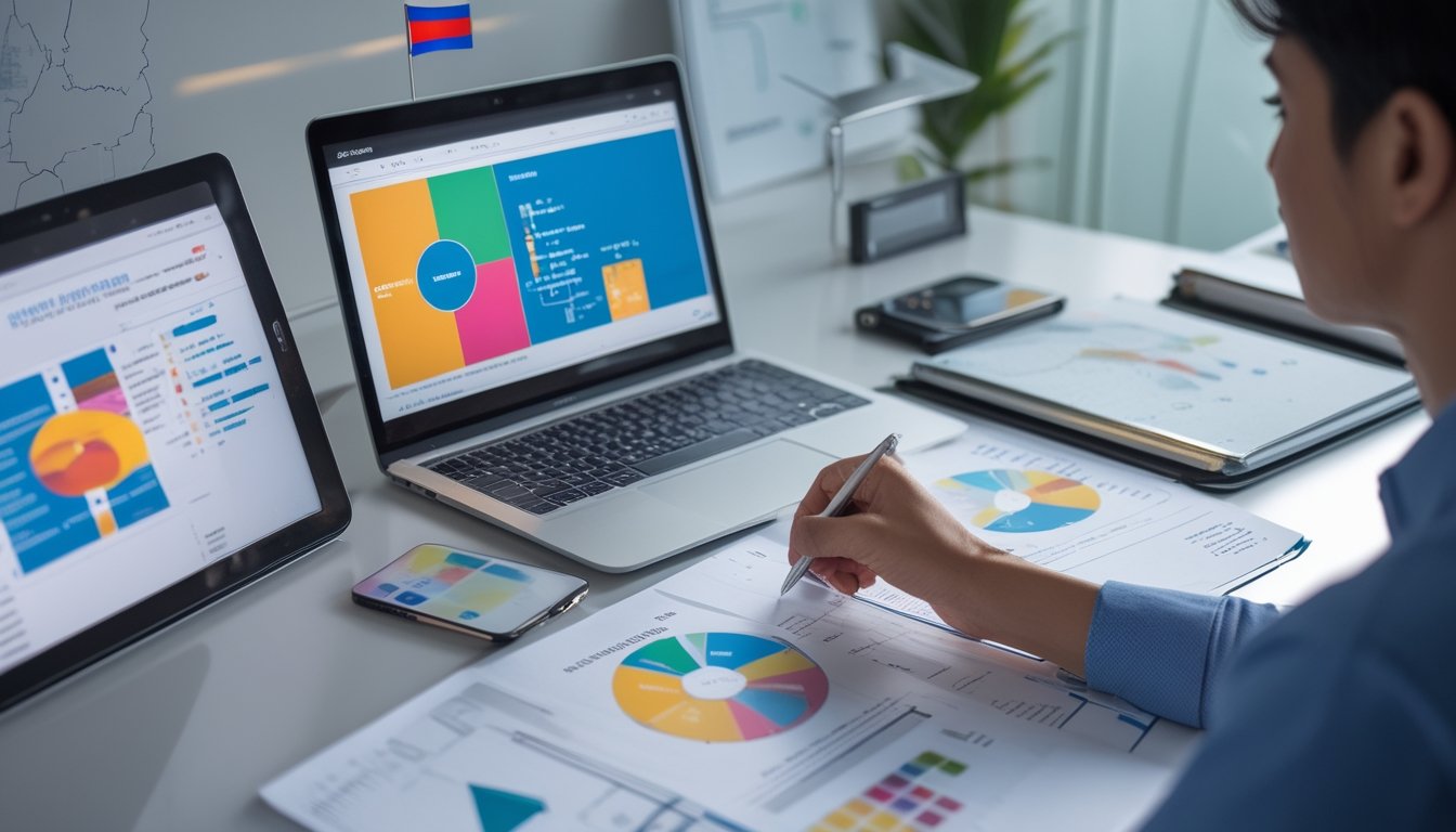 Seorang profesional sedang menganalisis data warna pada layar komputer di ruang kerja dengan pemandangan elemen terkait Kamboja di latar belakang.