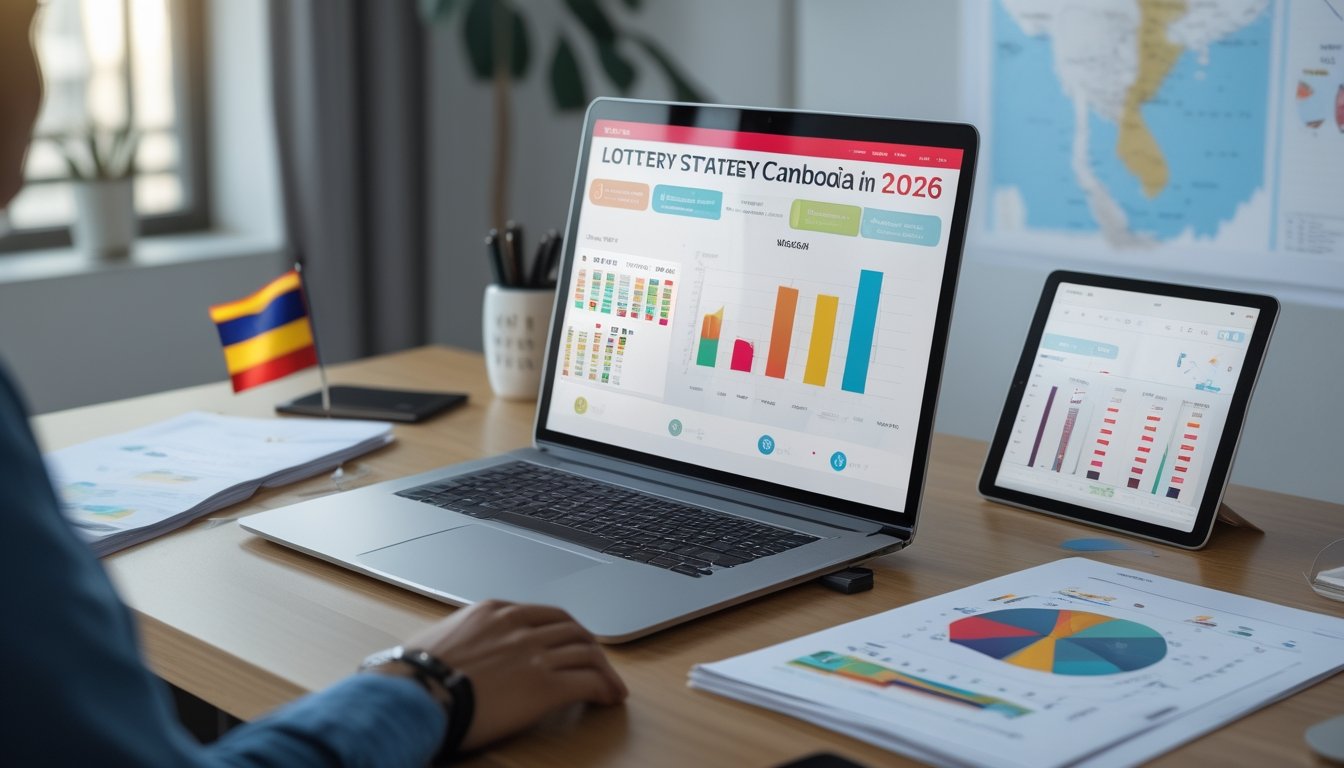 Seorang profesional sedang menganalisis data warna pada laptop di meja kerja dengan bendera kecil Kamboja dan alat tulis di sekitarnya.