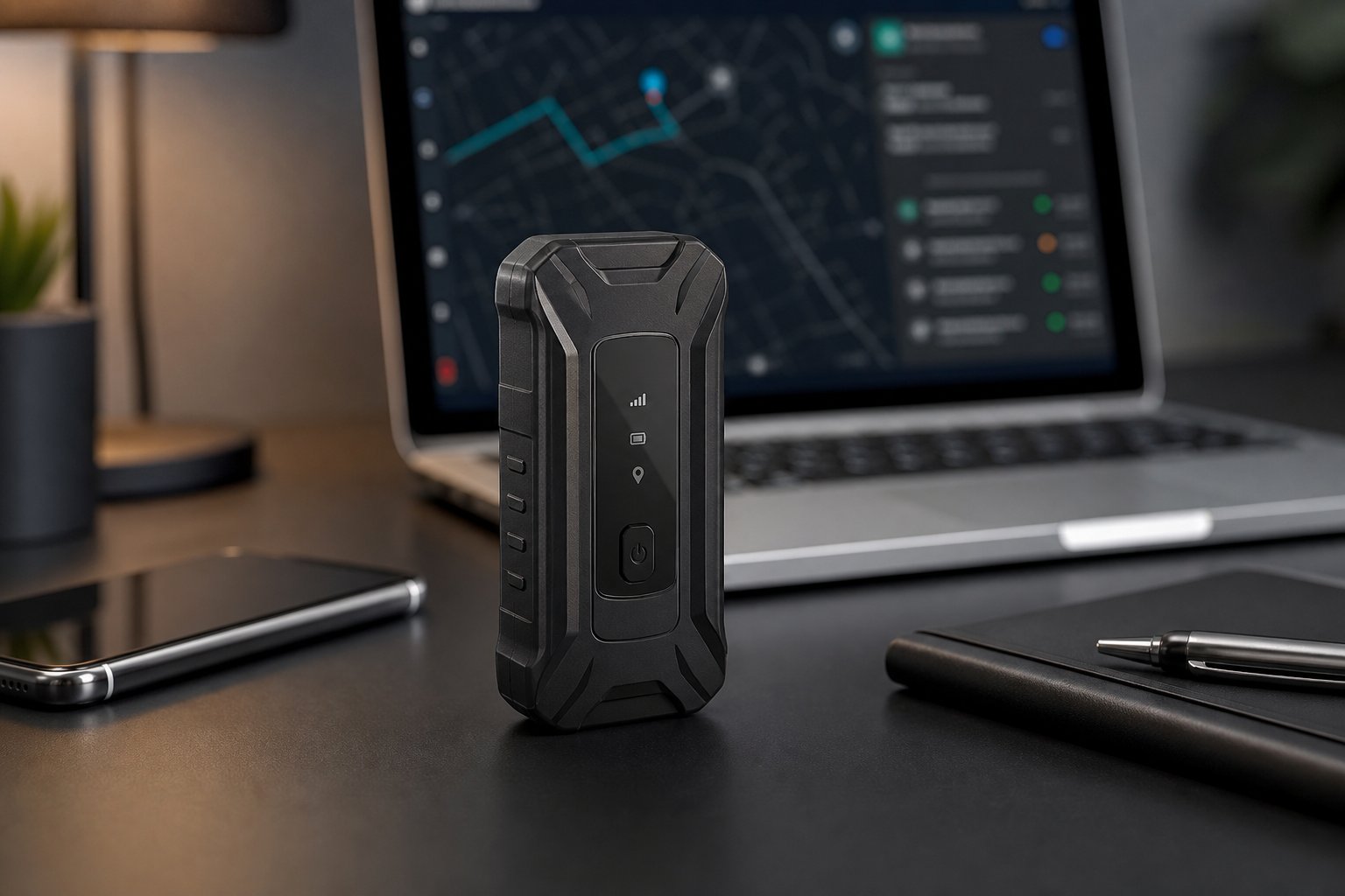 A compact Track Manager S5 Plus Tracker device on a desk with a smartphone, laptop, and notebook nearby.