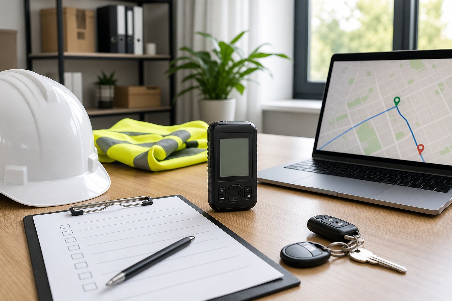 A GPS tracking device on a desk with safety equipment and a laptop displaying a map in an office setting.