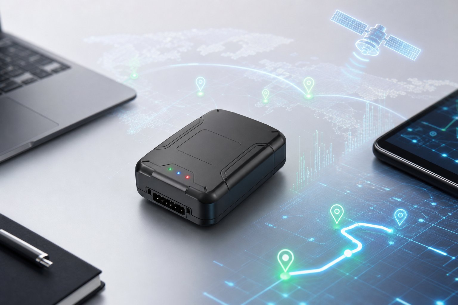 A compact GPS tracking device on a clean workspace with digital location icons and data streams around it.