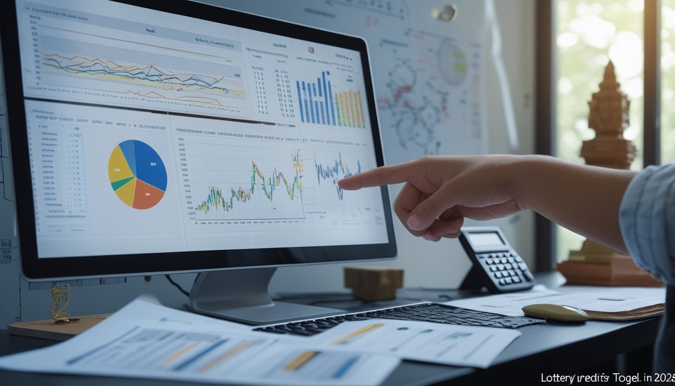 Sebuah meja kerja dengan komputer menampilkan grafik dan data prediksi undian togel, tangan menunjuk layar, dengan elemen budaya Kamboja di latar belakang.