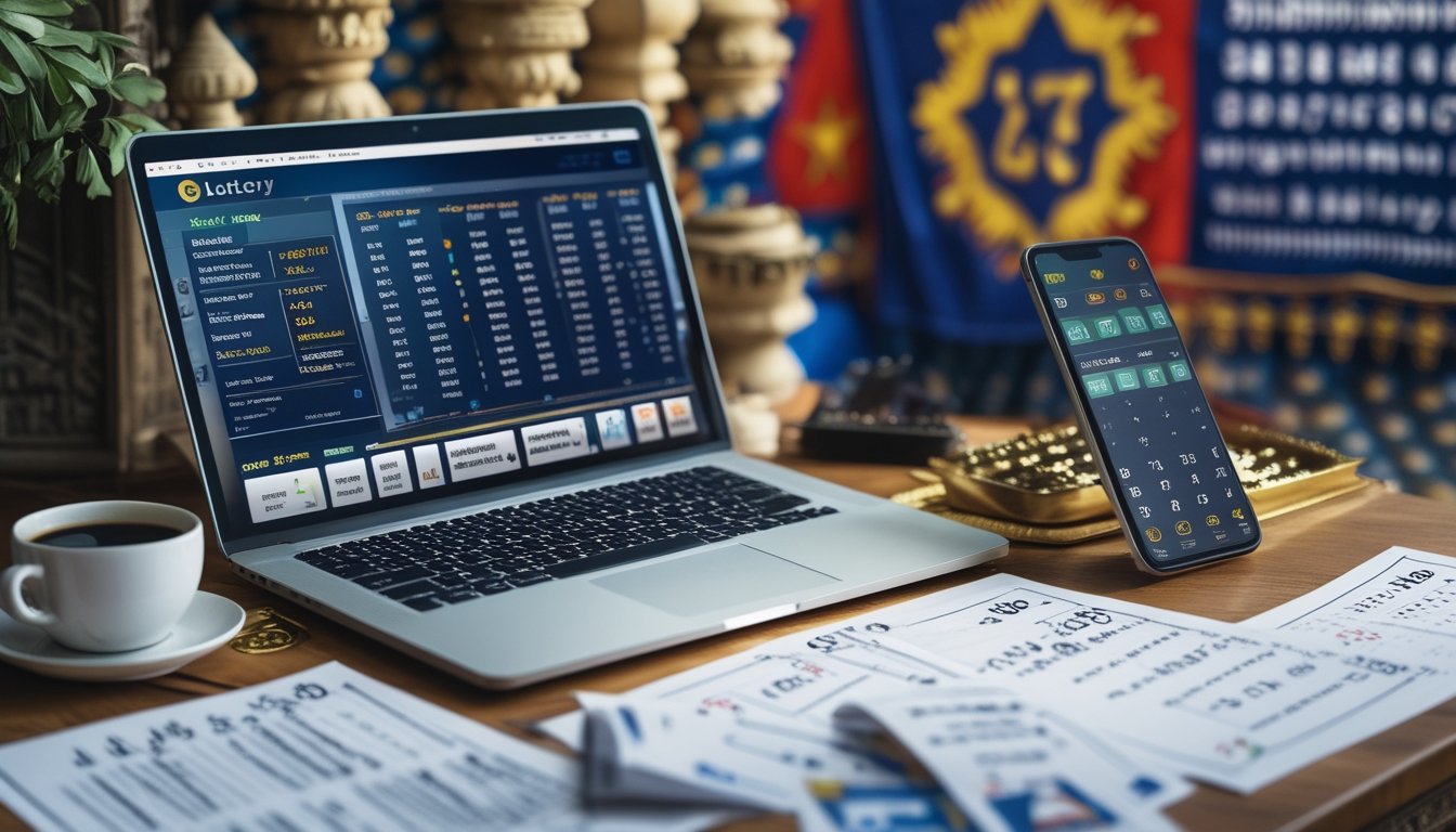 Meja kerja dengan laptop, ponsel, dan kertas berisi angka dan perhitungan terkait togel Cambodia.