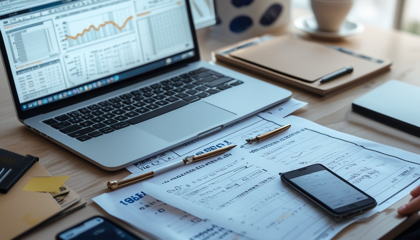 Meja kerja dengan laptop, kertas berisi angka, pena, dan ponsel yang menampilkan tiket lotere digital.