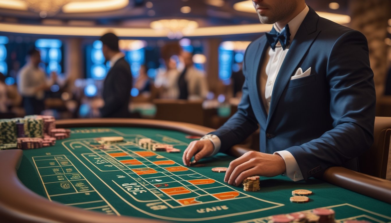 Seorang dealer dan beberapa pemain sedang bermain baccarat di meja kasino yang mewah dan terang.