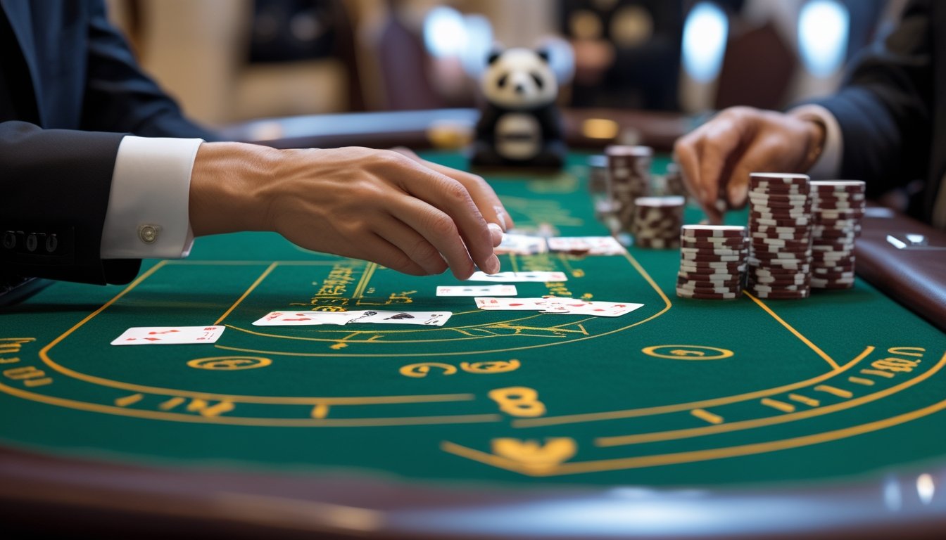 Meja kasino dengan permainan Baccarat sedang berlangsung, menampilkan kartu dan tumpukan chip dengan dekorasi bertema panda di latar belakang.