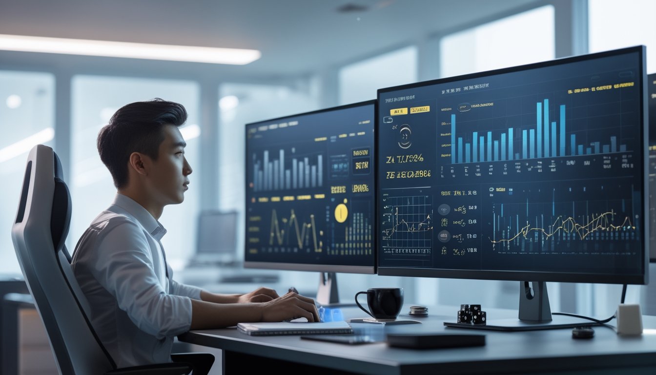 Seorang pria muda fokus menganalisis grafik dan statistik di depan beberapa layar komputer di sebuah kantor modern yang bersih, dengan elemen permainan seperti dadu dan chip di meja.