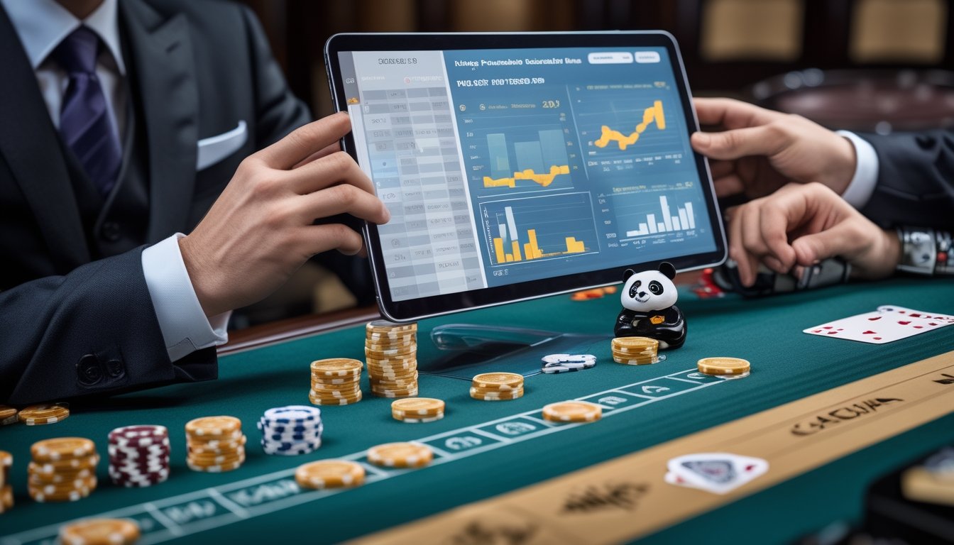 Seorang pemain di meja Baccarat sedang menganalisis grafik statistik dengan chip kasino dan kartu bermain di sekitarnya.