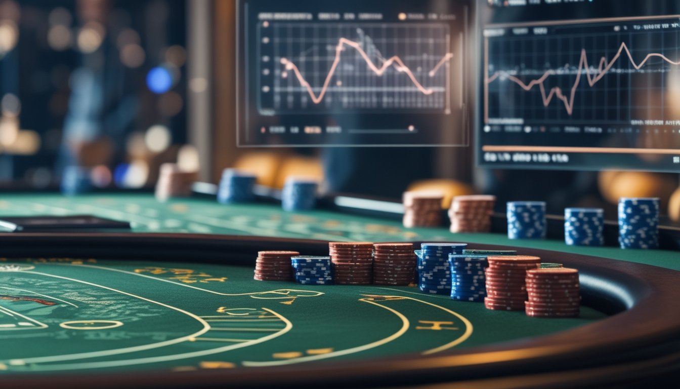 Meja permainan Baccarat dengan kartu dan chip, latar belakang menampilkan grafik statistik dalam suasana kasino.