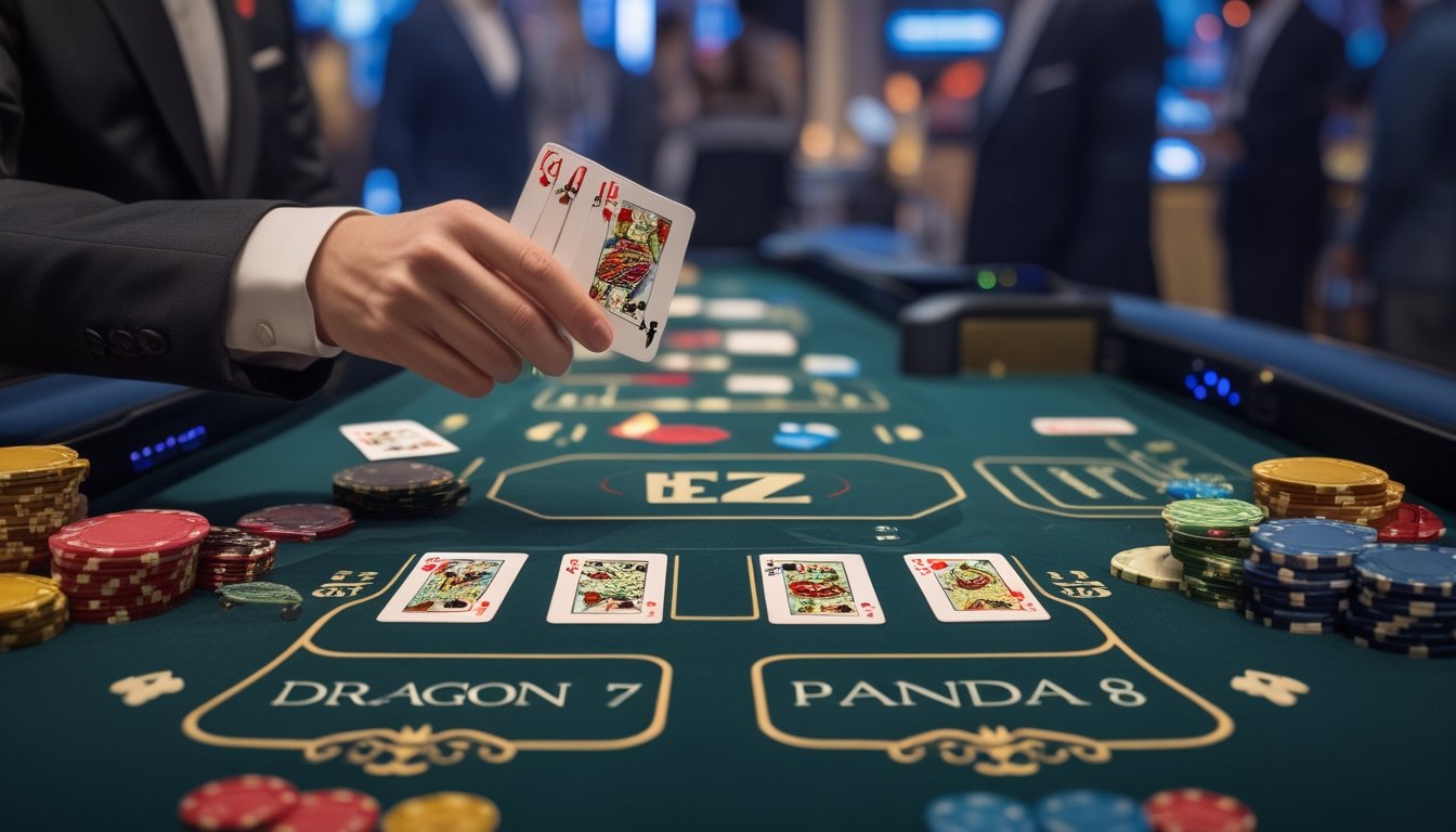 Meja permainan kasino dengan kartu dan chip, menampilkan dua area taruhan yang berbeda dengan tema naga dan panda, serta dealer yang sedang membagikan kartu.